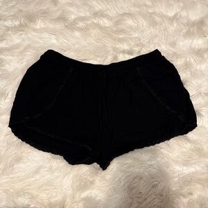 Black Linen Shorts with Lace Trim and Drawstring